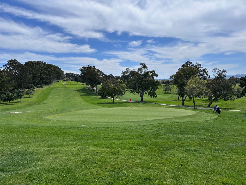 Hole 4 from behind green: uphill fairway, thick collar rough, bunkers left, trees and sky