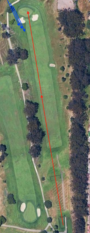 Hole 4 aerial: tee lower right toward green upper left with red line of play and blue arrows for wind tendency into the golfer