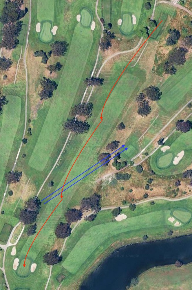 Hole 9 aerial: long straight par five with red segmented line tee to green showing three-shot routing; adjacent fairways visible