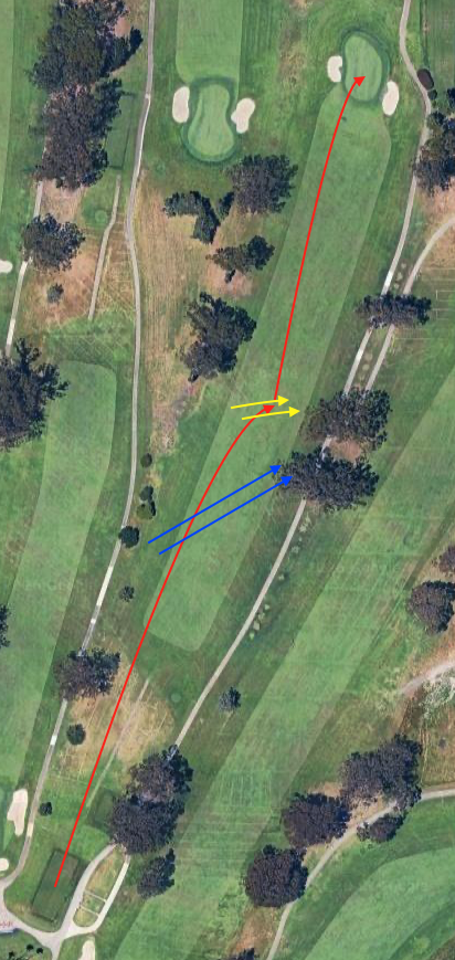 Hole 10 aerial: tee lower left toward green upper right with red curved cut line; blue wind arrows left-to-right; yellow cues along fairway