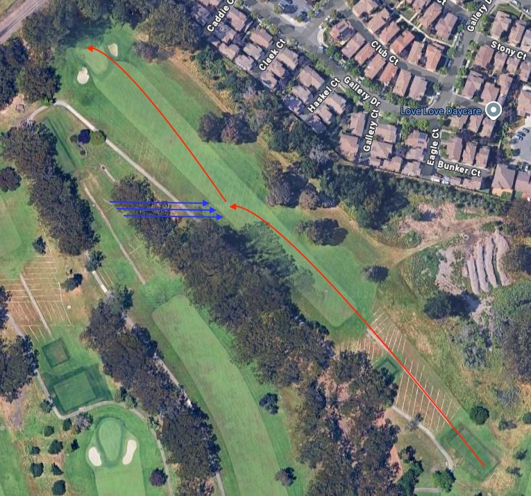 Hole 12 overhead par 4: tee lower right toward green upper left along a tree-lined fairway, red line of play with a dogleg bend, blue arrows from the left woods pointing across the fairway toward the bend, green guarded by bunkers