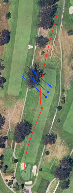 Hole 14 overhead par 4: tees at top along cart paths, narrow fairway tree-lined to circular green at bottom guarded by four bunkers, small fairway bunker right side, red line of play from tee-side path into center fairway then to green, three blue arrows mid-fairway showing wind from left toward right and down the hole