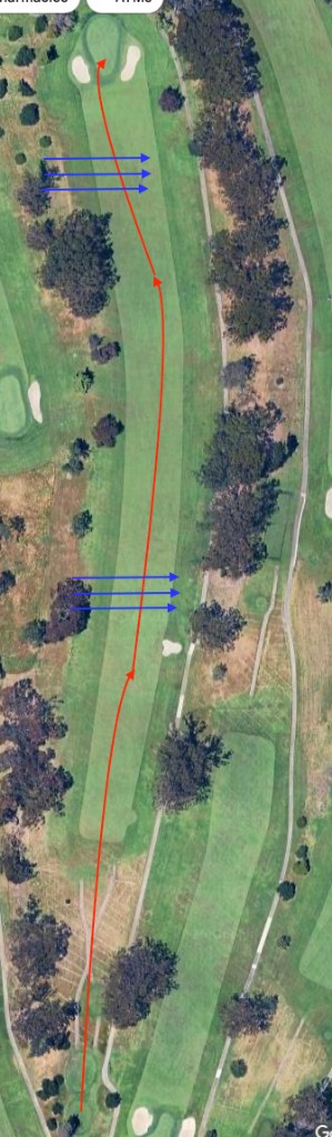 Hole 15 overhead par 5: tee at bottom toward green at top along a straight narrow fairway, trees both sides dense on the right, green flanked by two front bunkers plus a mid-fairway bunker on the right, red line marking three-shot path through landing zones and onto the green, two sets of blue arrows left toward right suggesting crosswind drift