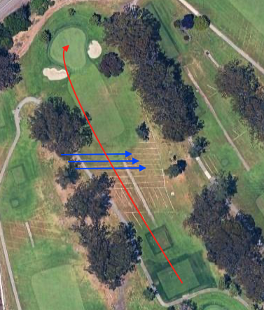 Hole 16 overhead par 3: teeing area lower right toward green upper left along a tree-lined fairway, cart path along the left, bunkers left, right, and back-right of the green, red line of play straight then curving left toward the green, three blue arrows left-to-right over the mid-fairway marking crosswind